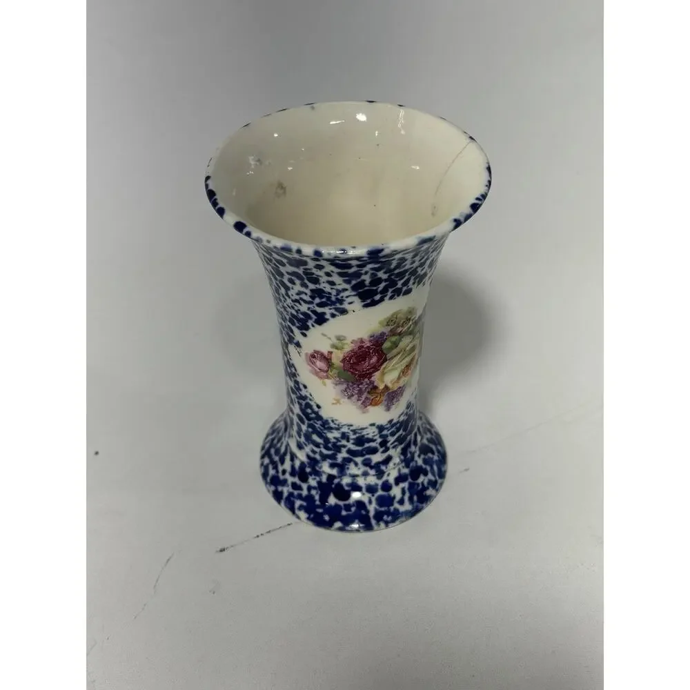 Antique Meco Czecho Slovakia Blue Spongeware Floral Art Pottery Vase 6